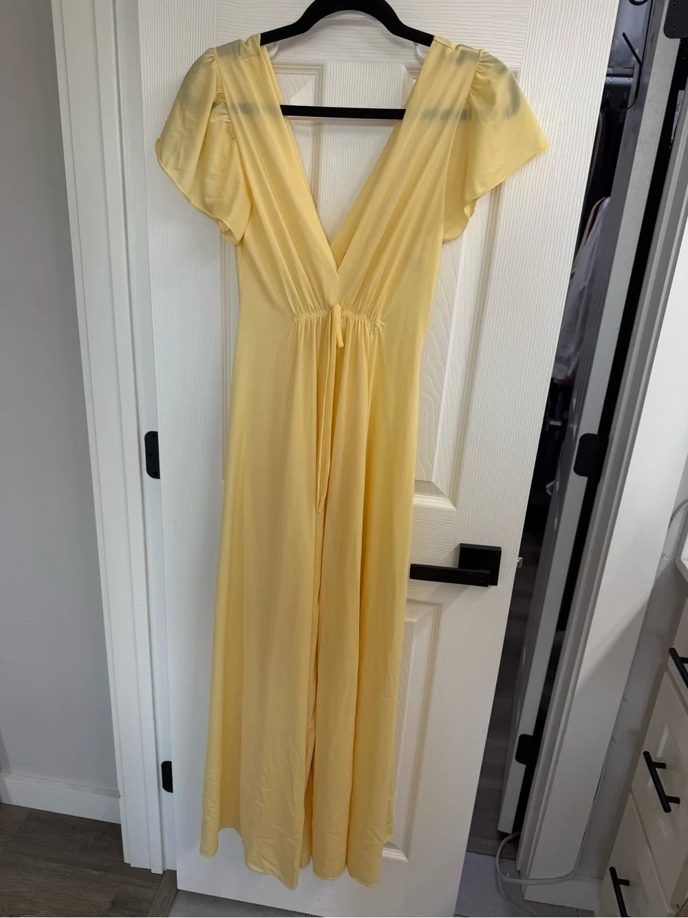 Miss Grant Pale Yellow V-Neck Flutter Sleeve Maxi
